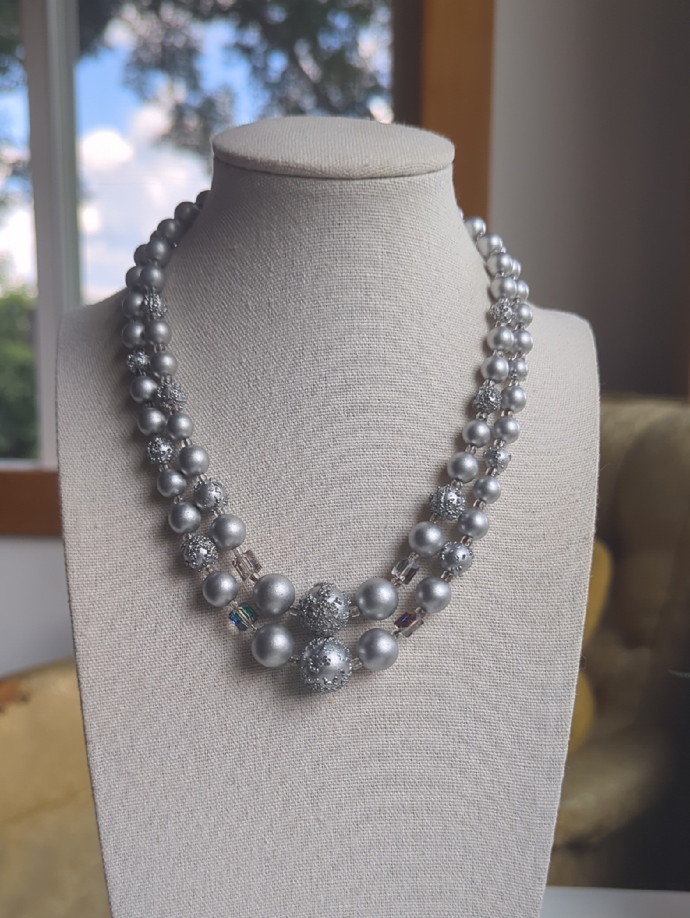 Vintage Signed "Japan" Silver Tone Pearl Double Strand Necklace 14"-16"